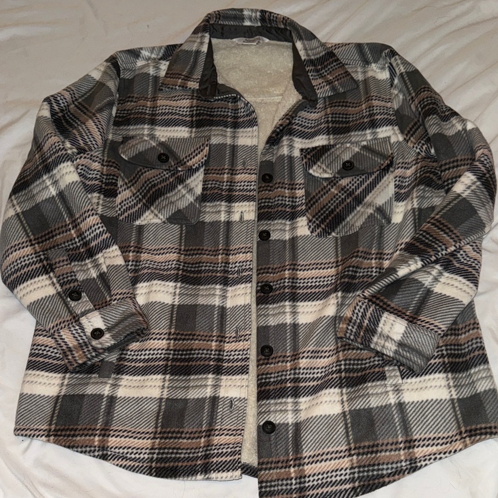 Natural Reflections Plaid Button-Down Shacket in Gray, Brown, and Cream